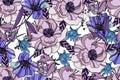 Bright seamless pattern with beautiful ranunculus and meadow flo