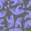 bright seamless pattern of blue graphic fish skeletons on a gray background