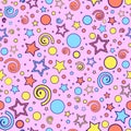 Bright seamless pattern of blue, yellow and orange stars, dots and curls, on a pink background, vector Royalty Free Stock Photo