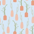 A bright seamless pattern with cacti in pots. Green potted plants pattern. Illustration on blue background. Royalty Free Stock Photo