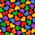 Bright seamless pattern with colorful hearts on black background. LGBT pride symbols.