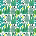 Bright seamless pattern with digital hand drawn cacti