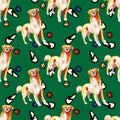 Bright seamless pattern with dogs slippers and balls, doodle background, hand-drawn illustration.