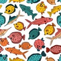 Bright Seamless pattern of Doodle isolated pink yellow blue outline cartoon vector fish, tang, flounder, tuna, ocean burrfish, sea