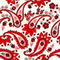 Bright seamless pattern in ethnic style with red paysley and flowers on very light yellow background. Russian, indian motifs Royalty Free Stock Photo
