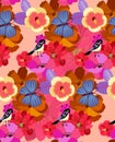 Bright seamless pattern with exotic flowers and cute birds in vector. Print for fabric, paper, wallpaper, wrapping design