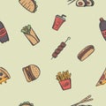 Bright seamless pattern with fast food, cola, burger, kebab. Illustration for background, gift paper and packaging Royalty Free Stock Photo
