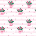 A bright seamless pattern of floral arrangement in a pink tea cup with a heart. A festive, cute, summer bouquet with simple