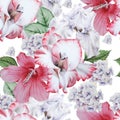 Bright seamless pattern with flowers. Hibiscus. Iris. Gladiolus. Watercolor illustration.
