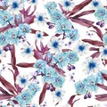 Bright seamless pattern with flowers. Hibiscus. Orchid. Butterfly. Watercolor illustration.