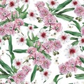 Bright seamless pattern with flowers. Hibiscus. Orchid. Butterfly. Watercolor illustration.