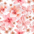 Bright seamless pattern with flowers. Lily. Hibiscus. Watercolor illustration.