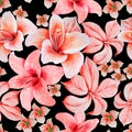 Bright seamless pattern with flowers. Lily. Hibiscus. Watercolor illustration.