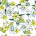 Bright seamless pattern with flowers. Narcissus. Yucca. Hand drawn