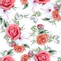 Bright seamless pattern with flowers. Peony. Hibiscus. Yucca. Hand drawn