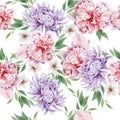 Bright seamless pattern with flowers. Peony. Watercolor illustration. Hand drawn