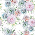 Bright seamless pattern with flowers. Rose. Chrysanthemum. Peony. Watercolor illustration.