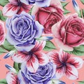 Bright seamless pattern with flowers. Rose. Crocus. Watercolor illustration.