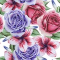 Bright seamless pattern with flowers. Rose. Crocus. Watercolor illustration.