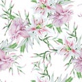 Bright seamless pattern with flowers. Rose. Lily. Watercolor illustration.
