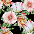 Bright seamless pattern with flowers. Rose. Mallow. Watercolor illustration.