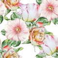 Bright seamless pattern with flowers. Rose. Mallow. Watercolor illustration.