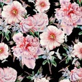 Bright seamless pattern with flowers. Rose. Peony. Mallow. Watercolor illustration.