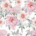 Bright seamless pattern with flowers. Rose. Peony. Mallow. Watercolor illustration.