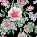 Bright seamless pattern with flowers. Rose. Succulents. Mallow. Watercolor illustration.