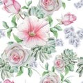 Bright seamless pattern with flowers. Rose. Succulents. Mallow. Watercolor illustration.