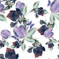 Bright seamless pattern with flowers. Rose. Tulip. Butterfly. Watercolor illustration. Hand drawn