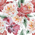 Bright seamless pattern with flowers. Rose. Watercolor illustration. Hand drawn