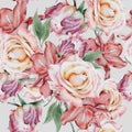 Bright seamless pattern with flowers. Rose. Watercolor illustration. Hand drawn