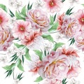 Bright seamless pattern with flowers. Rose. Watercolor illustration. Hand drawn