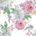 Bright seamless pattern with flowers. Watercolor illustration. Chrysanthemum. Peony.