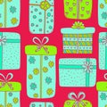 Bright seamless pattern with gift boxes. Birthday, new year or valentine background. Holiday vivid pattern. Wrapping paper design Royalty Free Stock Photo