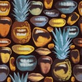 Seamless pattern with color mouths and pineapples