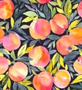 Bright seamless pattern with hand painted watercolor peaches.