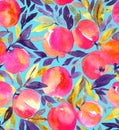 Bright seamless pattern with hand painted watercolor peaches.