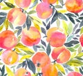 Bright seamless pattern with hand painted watercolor peaches.