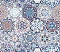 Bright seamless pattern of hexagonal tiles with vintage ornament. Royalty Free Stock Photo