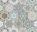 Bright seamless pattern of hexagonal tiles with vintage ornament. Royalty Free Stock Photo