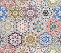 Bright seamless pattern of hexagonal tiles with vintage ornament. Royalty Free Stock Photo