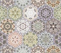 Bright seamless pattern of hexagonal tiles with vintage ornament. Royalty Free Stock Photo