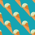 Bright seamless pattern with ice cream in waffle cone. Blue background. Orange wafer cone and light cream Royalty Free Stock Photo