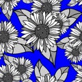 bright seamless pattern of large black and white inflorescences on a blue background, texture Royalty Free Stock Photo