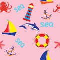 Bright seamless pattern with marine elements, Doodle style. Royalty Free Stock Photo