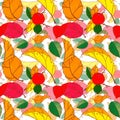 Bright seamless pattern with multi-colored autumn leaves and fruits of apple tree