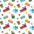 Bright seamless pattern with multi-colored gift boxes with bows on a white background. Great for wrapping paper. Flat Royalty Free Stock Photo