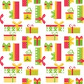 Bright seamless pattern with multi-colored gift boxes on a white background. Great for wrapping paper, gift boxes. Flat Royalty Free Stock Photo